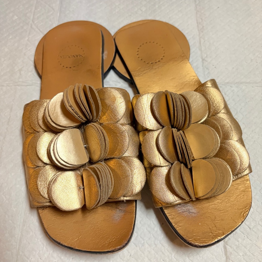 Gold Floral Leather Slide Sandals - Women
